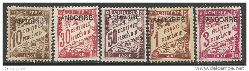 Andorra  1931  Sc#J2-4, J6, J8  5 Diff Dues  MH*  2016 Scott Value  $9 - Neufs