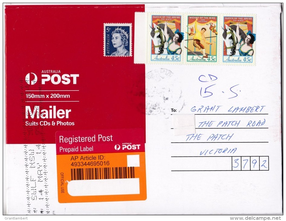 Australia 2014 Registered Domestic Mailer With Circus 45c Strip Of 3 - Lettres & Documents