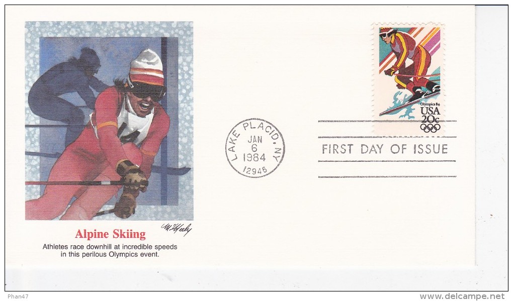 USA, LAKE PLACID, Jeux Olympiques 84, Alpine Skiing, Ski, Descente Homme, JO Los Angeles, FDC 06/01/1984 - 1981-1990