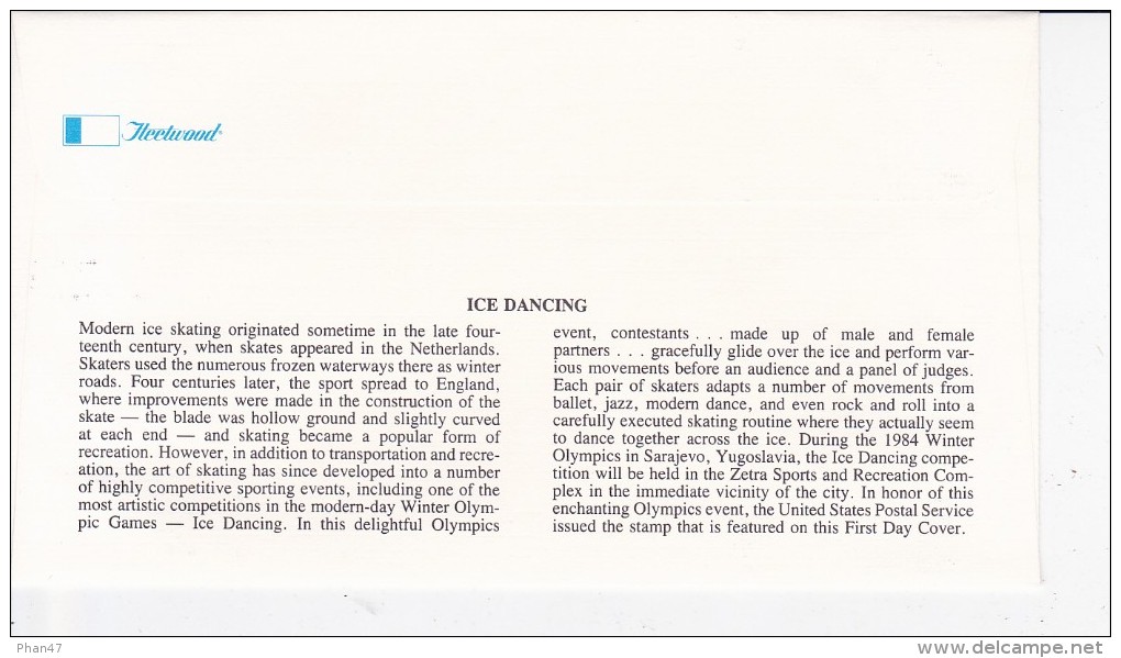 USA, LAKE PLACID, Jeux Olympiques 84, Ice Dancing, Danse Sur Glace, JO Los Angeles,FDC 06/01/1984 - 1981-1990