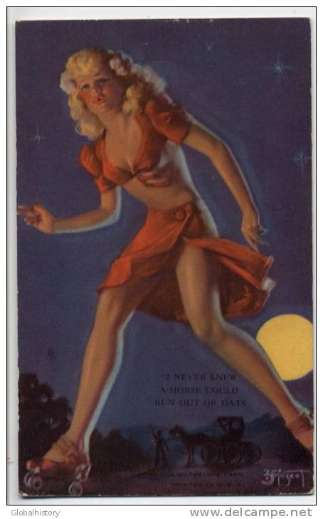 Blond PIN UP Roller Skating In Moonlight - Mutoscope Card - Pin-Ups