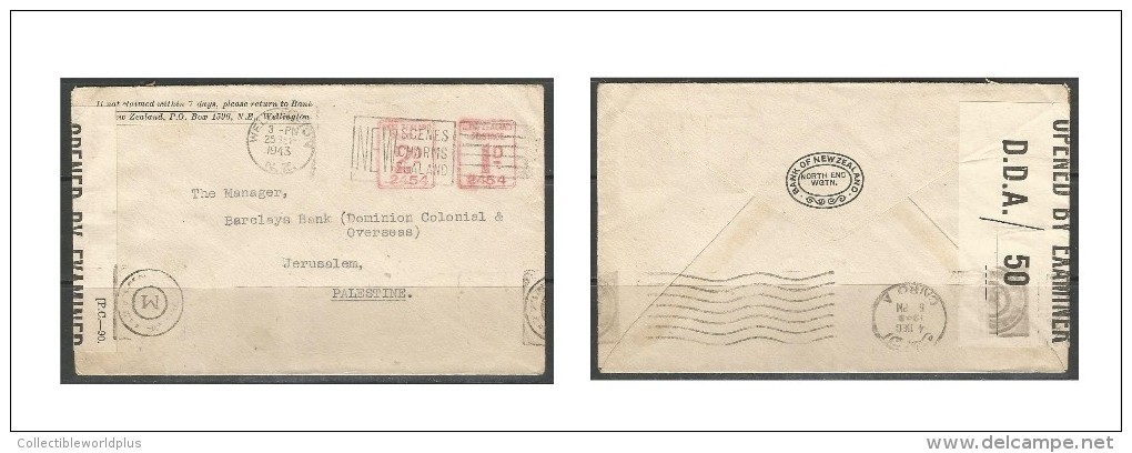 NEW ZELAND POSTAGE 1943 WW II AIRMAIL COVER TO PALESTINE  JERUSALEM VIA CAIRO - BARCKLAYS BANK - CENSORED MAIL - Corréo Aéreo