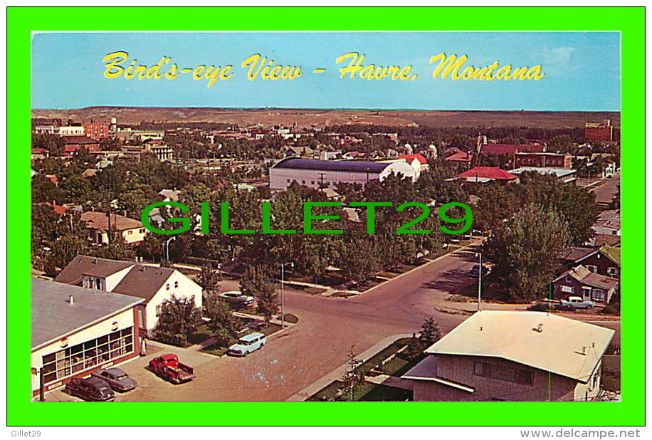 HAVRE, MT - BIRD'S EYE VIEW ON THE CITY - ANIMATED OLD CARS - BOB ANDERSON POSTCARDS - - Havre