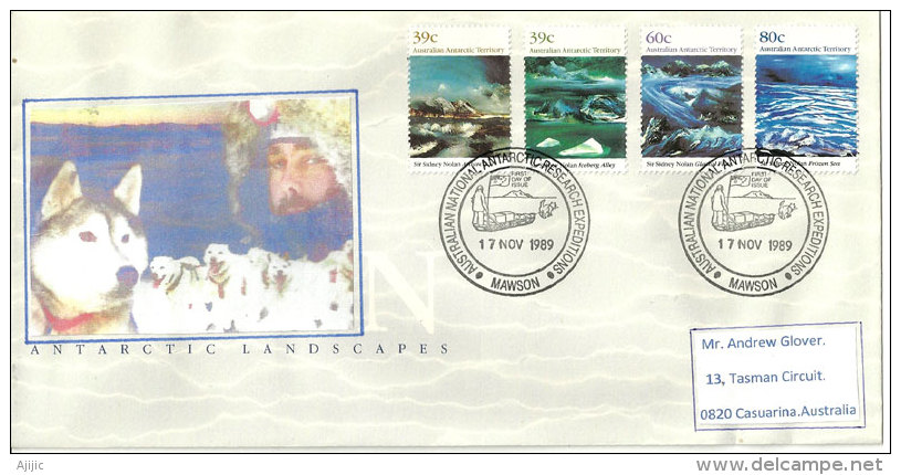 Paysages De L´Antarctique Australien, Série Complète Yv.AAT. 84/87, Lettre Postée à La Base Mawson En 1989 - Bases Antarctiques