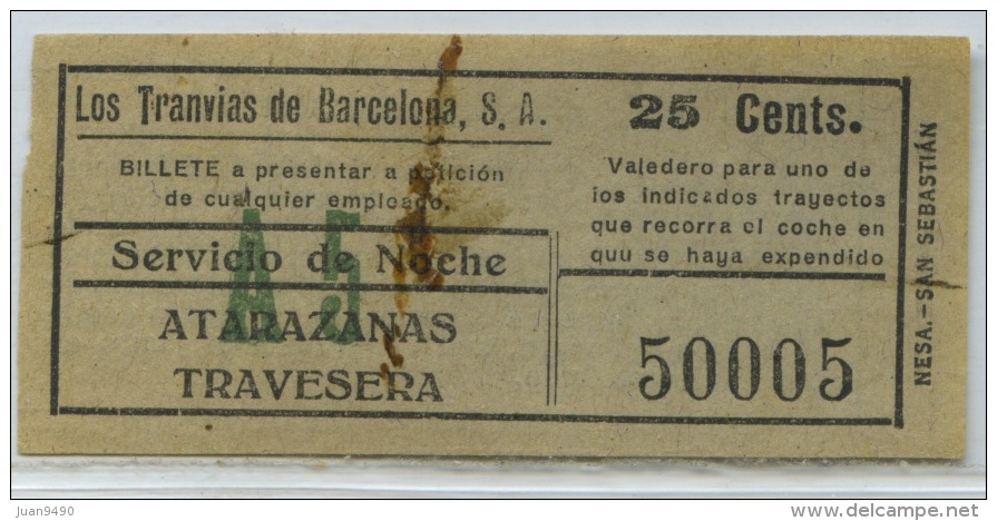 BILLETE NOCTURNO DE LOS TRANVIAS DE BARCELONA // (REF 6+TC) - Europa