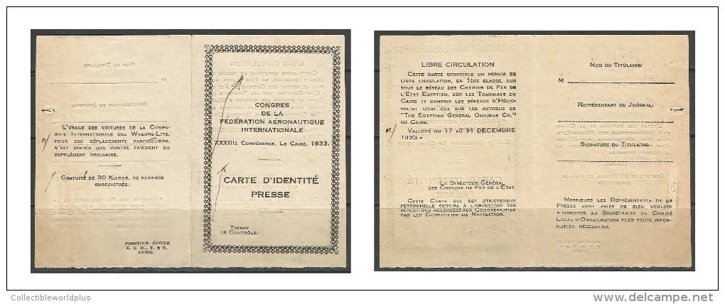 EGYPT International Aeronautical Federation Congress 1933 Press Identification Card - Lettres & Documents