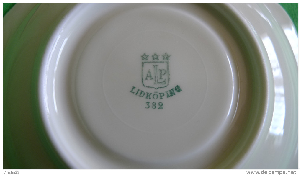 Vintage Scandinavian pottery Sweden Lidkoping ALP 382 3 pcs. of saucer dessert plate 1938 gold trim