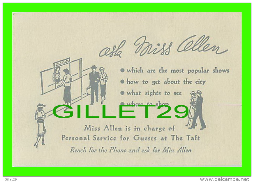 CARTES DE VISITE - THE TAFT HOTEL - ASK MISS ALLEN - PERSONAL SERVICE FOR GUESTS - - Cartes De Visite