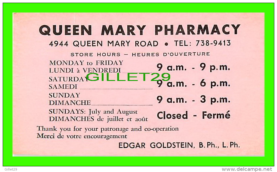 CARTES DE VISITE - QUEEN MARY PHARMACY, EDGAR GOLDSTEIN PH, L. PH - - Cartes De Visite