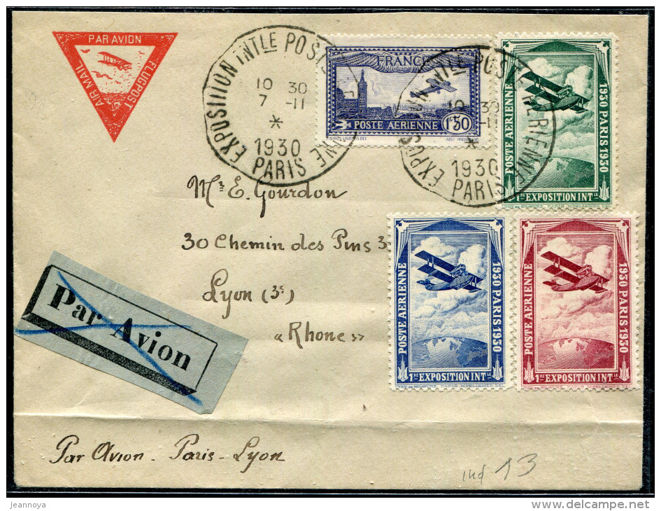 FRANCE - PA N ° 6a + VIGNETTES EXPO PARIS 1930 / LETTRE DU 7/11/1930, POUR LYON - SUP - Erst- U. Sonderflugbriefe