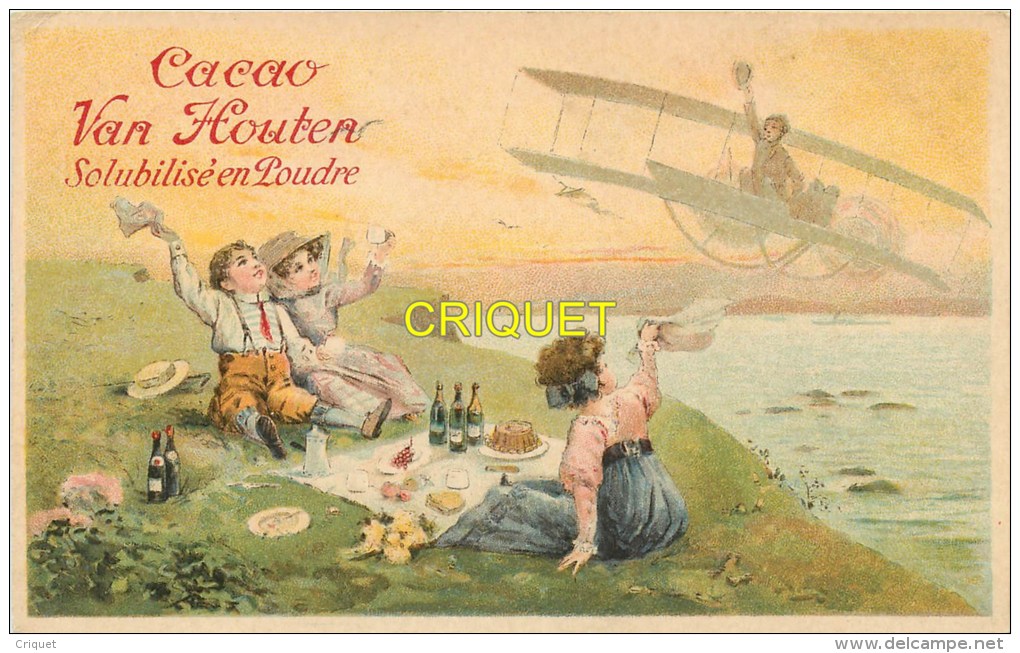 Chromo  Format Cpa, Cacao Van Houten, N° 3 , Enfant Aviateur , Pique-nique Bord De Mer...., Scan Recto Verso - Van Houten