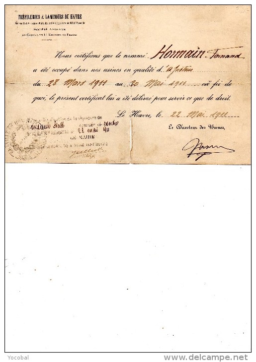 Attestation Employeur, TREFILERIES Et LAMINOIRES Du HAVRE, Le 22 Mai 1911, - Autres & Non Classés