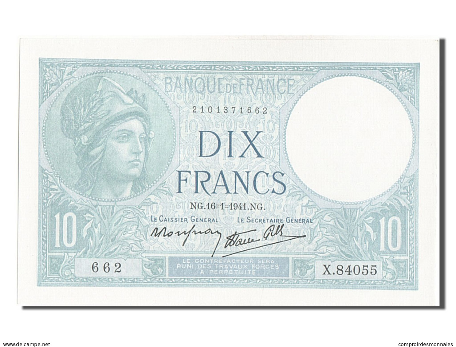 Billet, France, 10 Francs, 10 F 1916-1942 ''Minerve'', 1941, 1941-01-16, SPL+ - 10 F 1916-1942 ''Minerve''