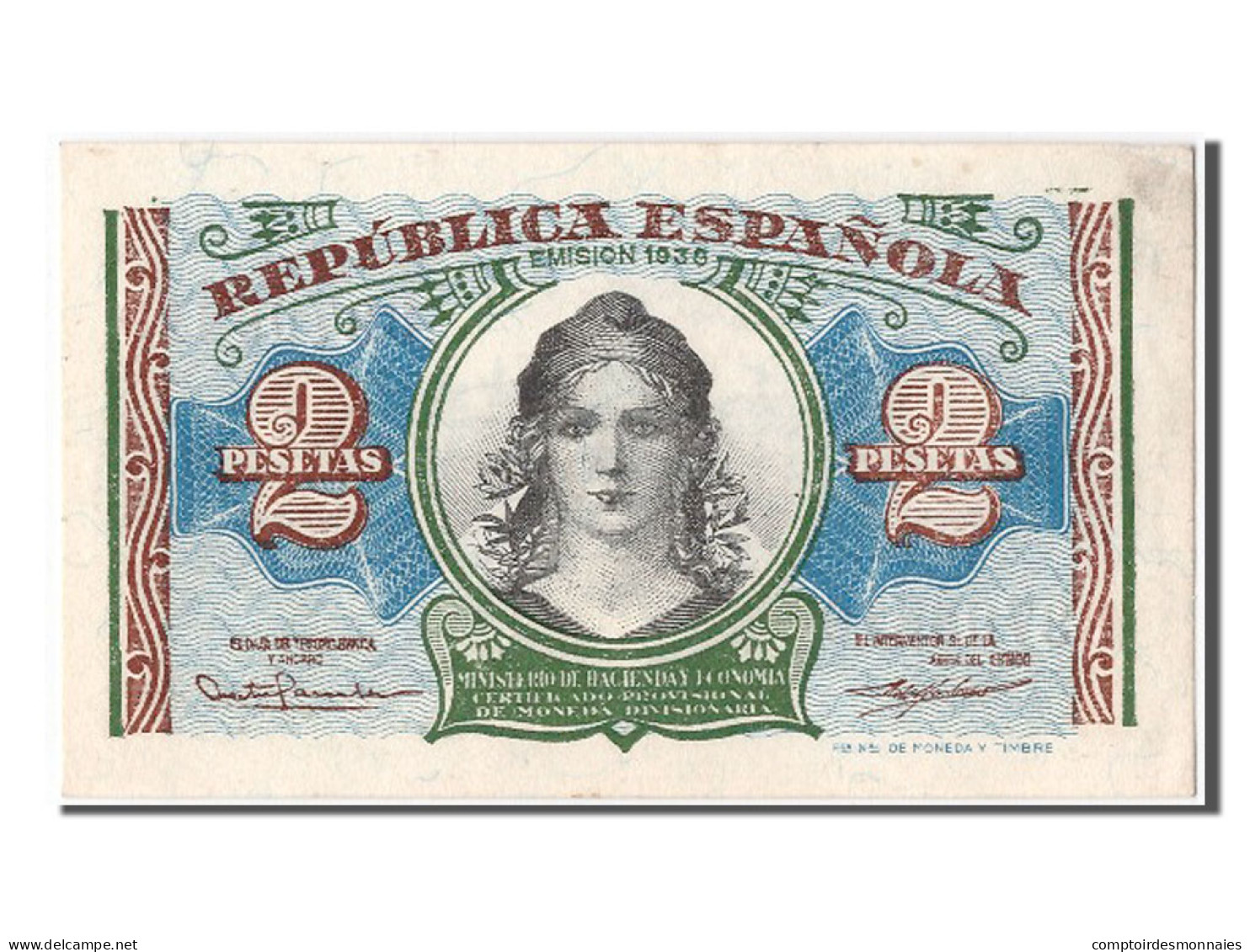 Billet, Espagne, 2 Pesetas, 1938, SPL - 1-2 Pesetas