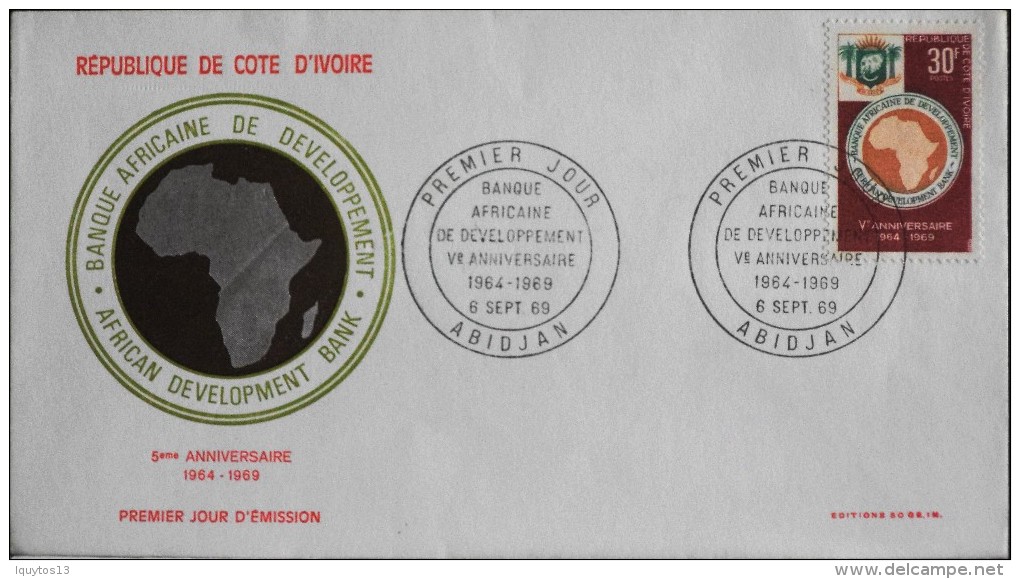 COTE D'IVOIRE - ENVELOPPE 1er JOUR  - Banque Africaine De Développement - Abidjan Le 6.09.1969 Trés Bon état - Costa D'Avorio (1960-...)