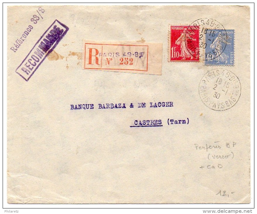 40c + 1f10 Semeuse (Perforés B.P.) Sur Lettre Recommandée De 1930 - CaD De 'Paris-49 Bis Bque Paris Pays-Bas' - 1921-1960: Période Moderne