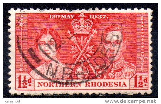 NORTHERN RHODESIA 1937 Coronation - 11/2d. - Red  FU SOME PAPER ATTACHED - Rhodésie Du Nord (...-1963)