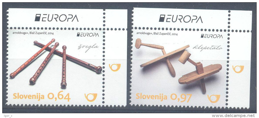 New Neu Slovenia Slovenie Slowenien 2014 Europa CEPT: National Music Instruments - Rattle, Flute  MNH ** Corner Set - 2014