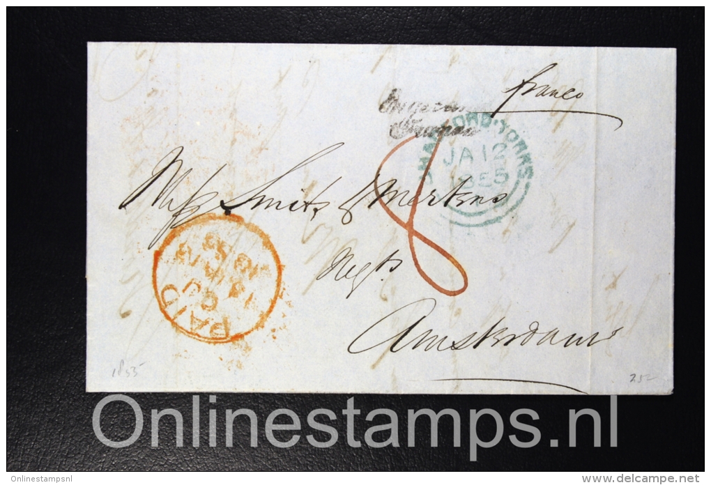 Great Brittain 1855 Complete Letter Bradford York Via France To Amsterdam The Netherlands, Nice Cancels - Marcophilie