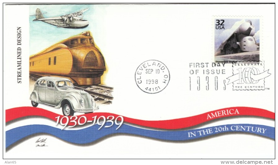 #3185k, Streamline Design Elements In Trains Cars Planes, 1930s Celebrate The Century FDC 1990s Cover - 1991-2000