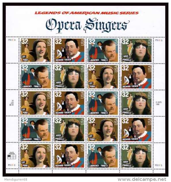 USA 1997 Opera Singers Sheet Of 20 $6.40 MNH SC 3154-3157sp YV BF-2651-2654 MI SH2879-82 SG MS3349-52 - Ganze Bögen