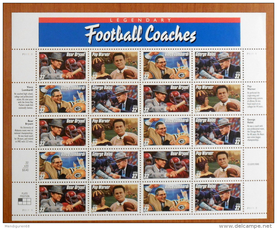 USA 1997 Football CoaChes Sheet Of 20 $6.40 MNH SC 3143-3146sp YV BF-2645-2648 MI SH2853-56 SG MS3324-27 - Sheets