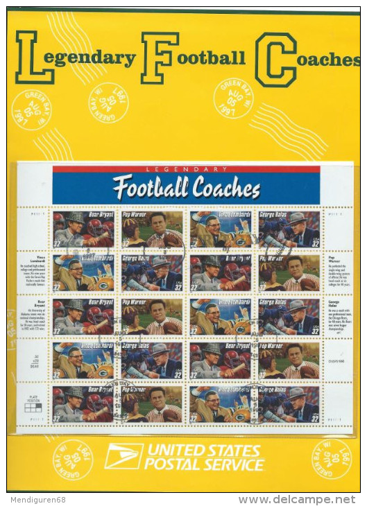 USA 1997 Football CoaChes Sheet Of 20 $6.40 FRIST DAY CANCELL SC 3143-3146sp YV BF-2645-2648 MI SH2853-56 SG MS3324-27 - Ganze Bögen