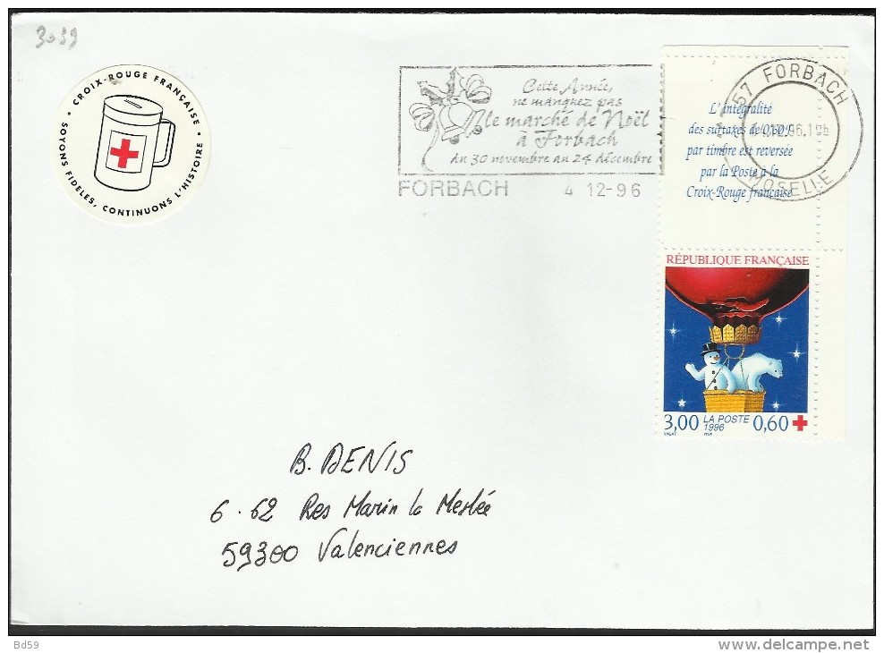 FRANCE 1996 Timbre Sur Lettre N°3039 Croix-Rouge, Noël, Oblitération Concordante - Storia Postale