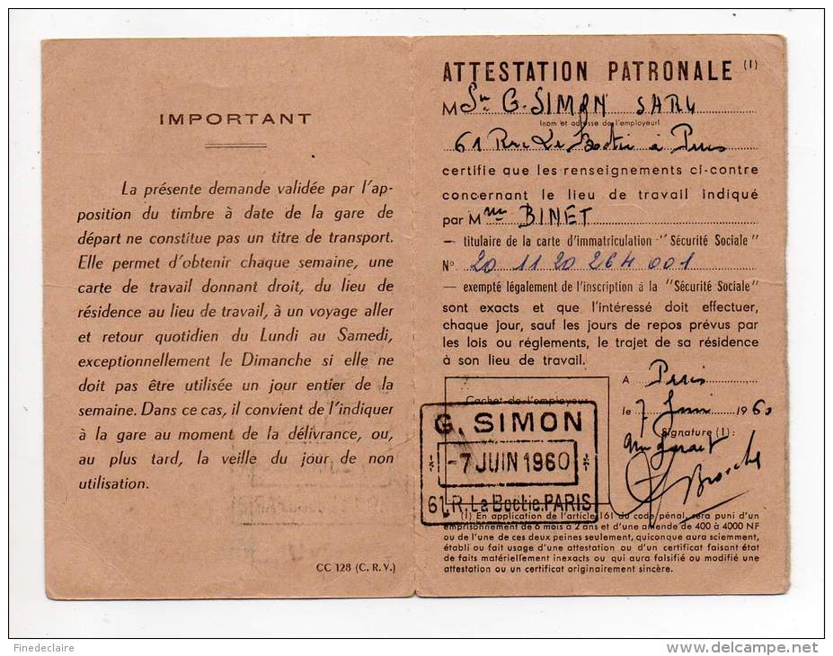 Carte - S.N.C.F. - Abonnement De Travail, Montigny Beauchamps 1960 - Other & Unclassified