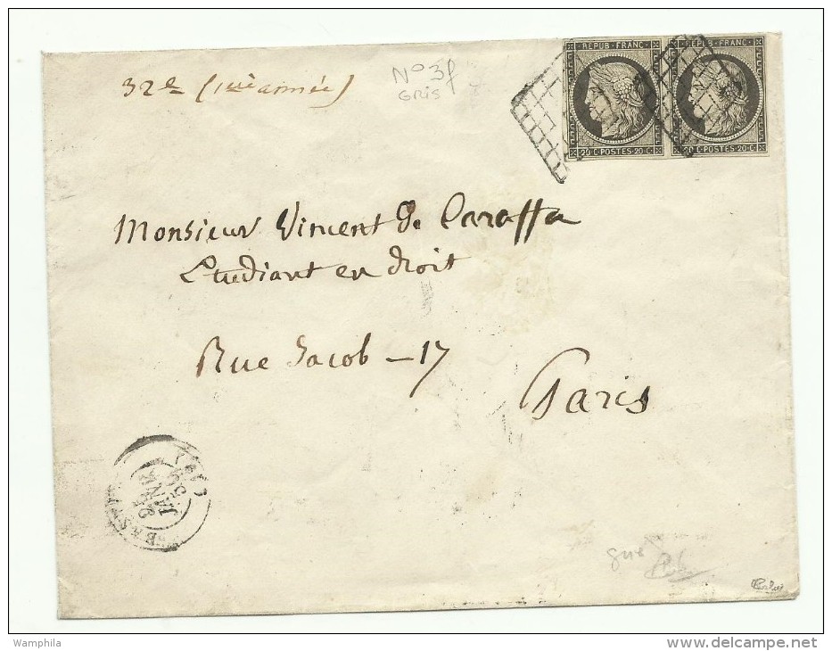 Paire Du N° 3f, 20 C Gris, Sur Lettre De Bastia Pour Paris Du 25 Janvier 1850 Avec Certificat Calvès - 1849-1850 Ceres