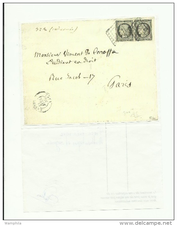 Paire Du N° 3f, 20 C Gris, Sur Lettre De Bastia Pour Paris Du 25 Janvier 1850 Avec Certificat Calvès - 1849-1850 Ceres