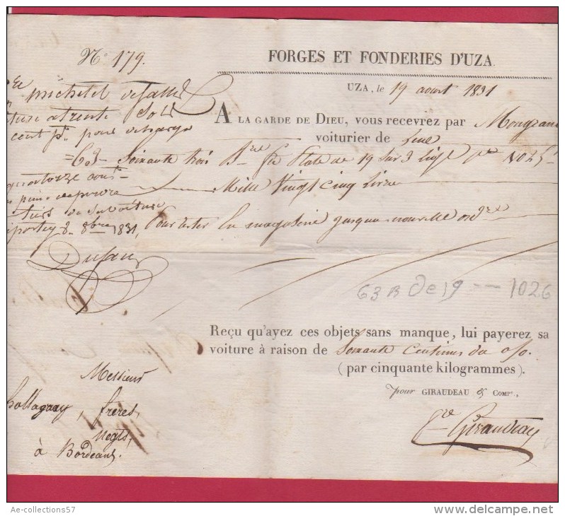 LETTRE DES FORGES ET FONDERIES D UZA  //  POUR LIPOSSEY  //  19 AOUT 1831 - 1801-1848: Précurseurs XIX