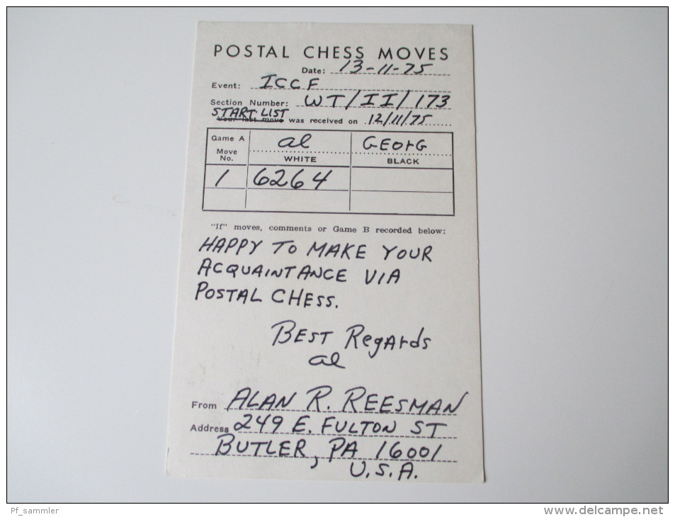 USA 1973 Postal Chess Game Move No 1. Butler - Rostock. Fernschach - Storia Postale