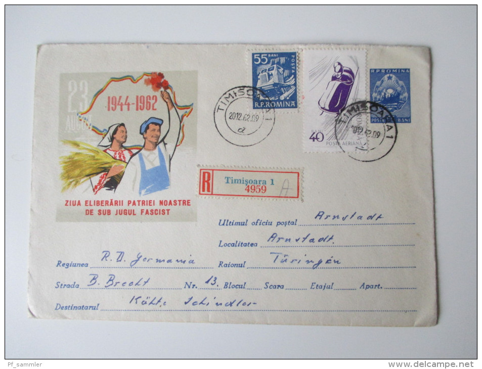 Ganzsachenumschlag 1962 MiF. R-Brief. Timisoara 1 - Arnstadt Thüringen. Bildumschlag - Storia Postale