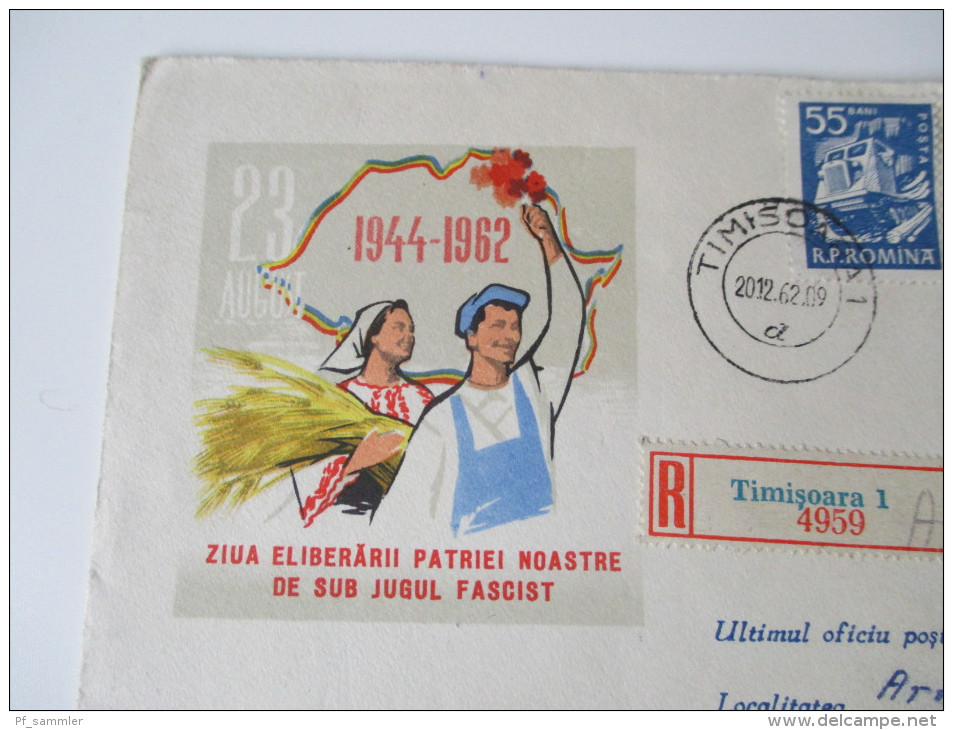 Ganzsachenumschlag 1962 MiF. R-Brief. Timisoara 1 - Arnstadt Thüringen. Bildumschlag - Storia Postale