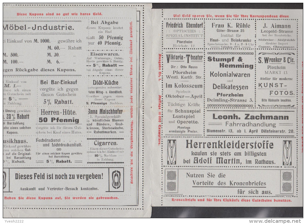 Allemagne 1907. Carte-lettre Annonces De Pforzheim. Cuisine Végétarienne, Dentiste, Opérettes, Vélos, Bière, Soie... - Musique