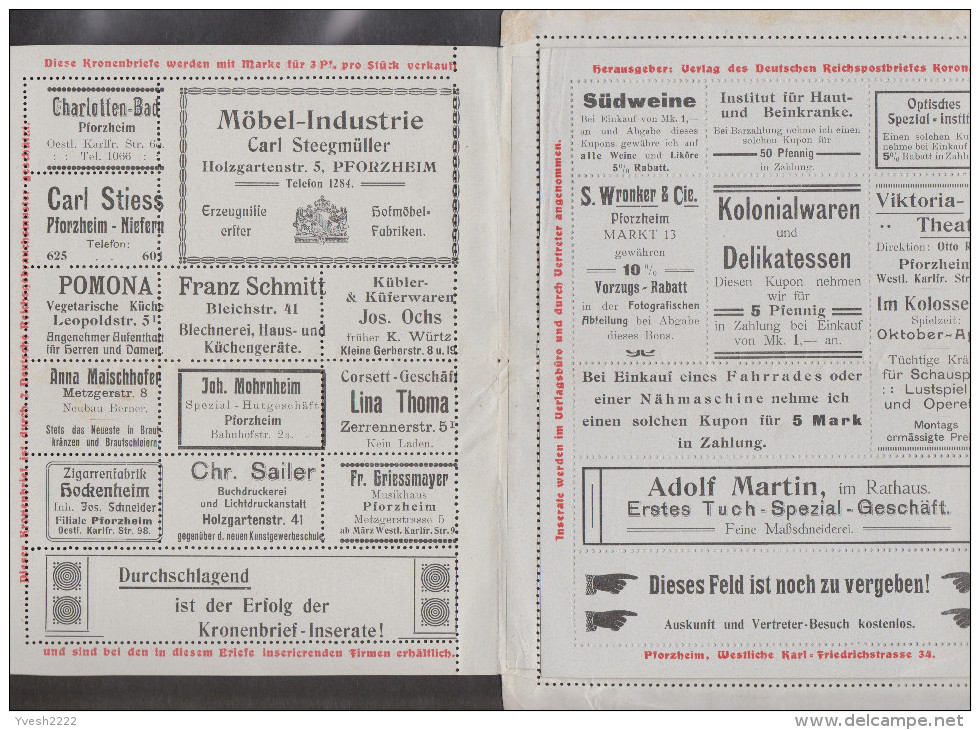 Allemagne 1907. Carte-lettre Annonces De Pforzheim. Cuisine Végétarienne, Dentiste, Opérettes, Vélos, Bière, Soie... - Musique