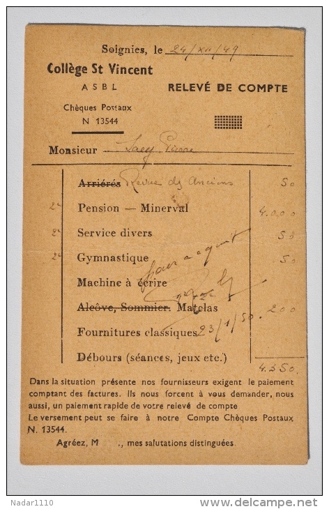 SOIGNIES - Collège St Vincent - Relevé De Compte 1949 - Diplome Und Schulzeugnisse