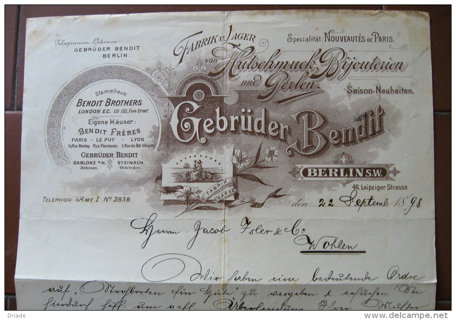 FATTURA FABRIK LAGER VON HUTSCHMUCK BIJOUTERIEN UND PERLEN GEBRUDER BENDIT SAISON NEUHEITEN BERLIN ANNO 1898 - Ambachten