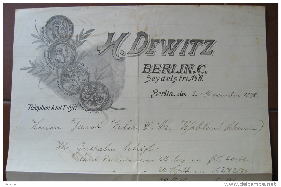 FATTURA H. DEWITZ BERLIN ANNO 1898 - Petits Métiers