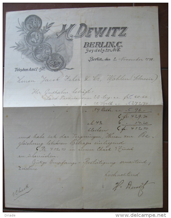 FATTURA H. DEWITZ BERLIN ANNO 1898 - Petits Métiers