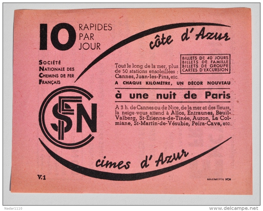 SNCF - Publicité De 1938 : Côte D'Azur, Cimes D'Azur - Ferrocarril