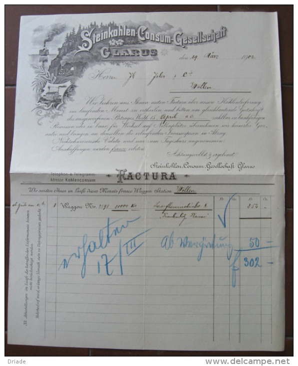 FATTURA STEINKOHLEN CONSUM GESELLSCHAFTGLARUS WOHLEN ANNO 1902 SVIZZERA - Zwitserland