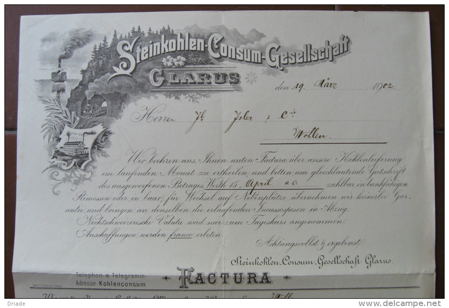 FATTURA STEINKOHLEN CONSUM GESELLSCHAFTGLARUS WOHLEN ANNO 1902 SVIZZERA - Switzerland