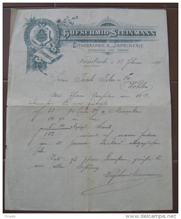 FATTURA LITHOGRAPHIE IMPRIMERIE PAPETERIE HUFSCHMID STEINMANN TRMBACH PRES OLTEN ANNO 1890 CANTON SOLETTA SVIZZERA - Zwitserland