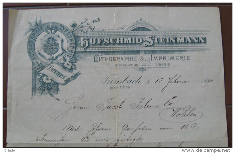 FATTURA LITHOGRAPHIE IMPRIMERIE PAPETERIE HUFSCHMID STEINMANN TRMBACH PRES OLTEN ANNO 1890 CANTON SOLETTA SVIZZERA - Svizzera