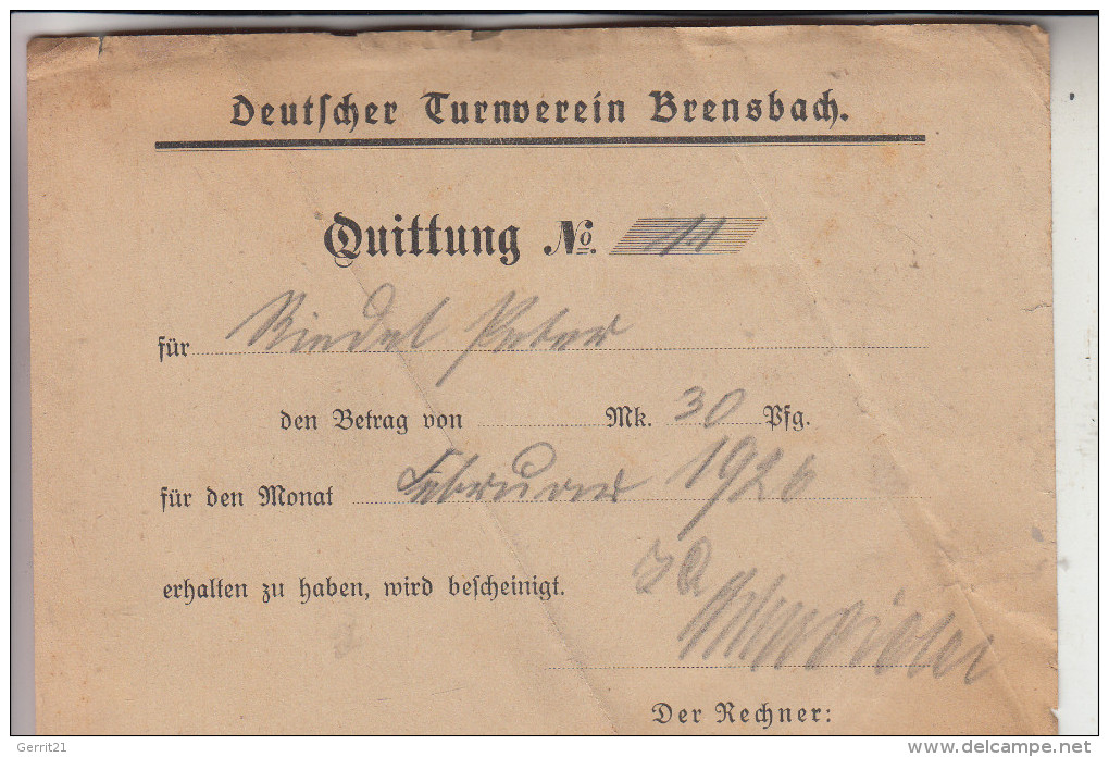 6101 BRENSBACH, Beitragsquittung, Deutscher Turnverein Brensbach 1926 - Erbach