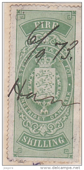 OLD REVENUE STAMP STEUERMARKE TIMBRE FISCAL DENMARK 1870-ties - 5 SHILLING  Green - Fiscaux