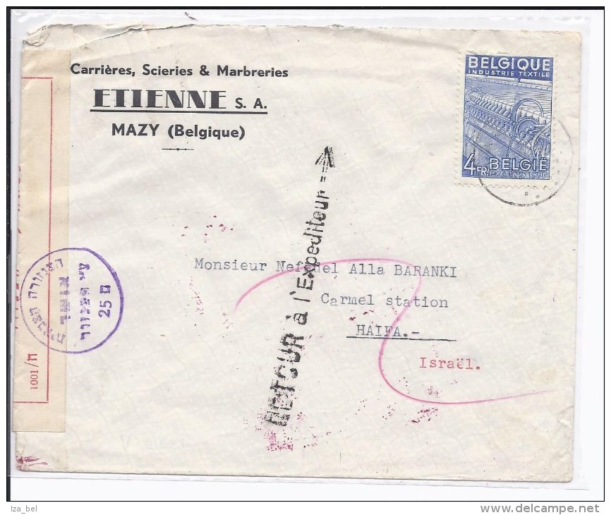 N°771 S/l.commerciale De MAZY à HAIFA ( Israêl).Censure Italienne+divers Cachets Israëliens NON DISTRIBUTION. Retour.RAR - Covers & Documents