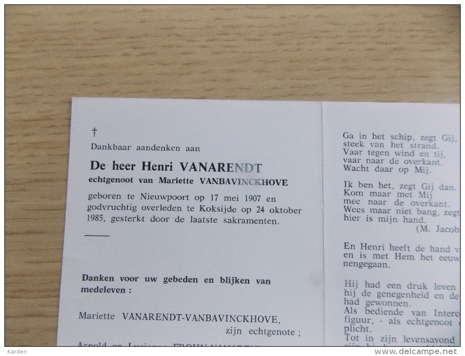 Doodsprentje Henri Vanarendt Nieuwpoort 17/5/1907 Koksijde 24/10/1985 ( Mariette Vanbavinckhove  ) - Religión & Esoterismo